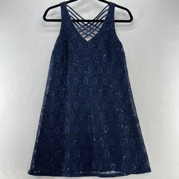 Sequin Hearts Dresses & Skirts - Sequin Hearts Mini Dress Womens Sz S A-Line Floral Lace Overlay Sleeveless Blue